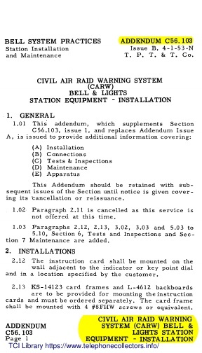 C56.103 iB PTT Apr53 - CARW Civil Air Raid Warning System - Inst
