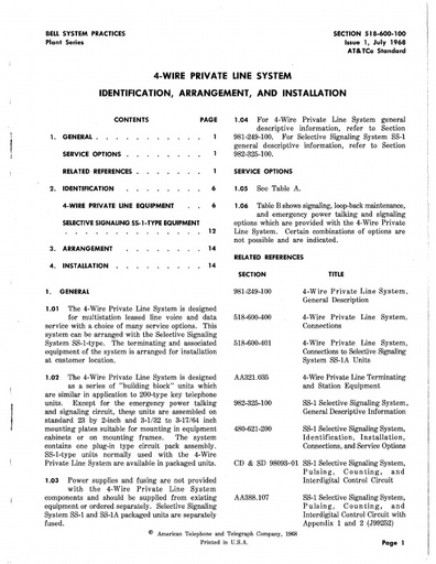 518-600-100 i1 July 1968 4 wire private line system ident arrange install