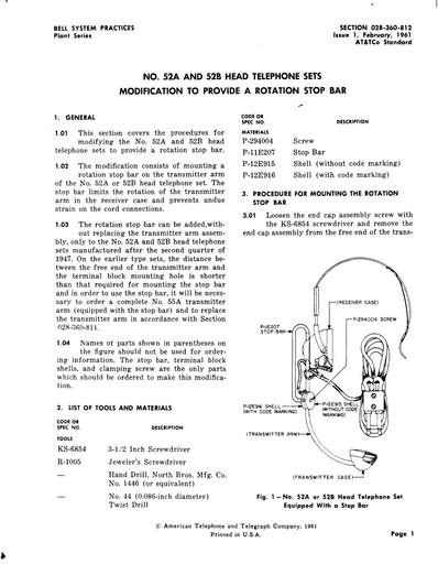 028-360-812 i1 Feb61 - 52-type Head Telephone Sets - Rotation Stop Bar Modification