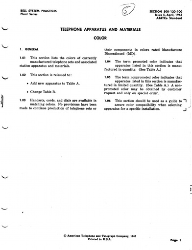 500-120-100 Issue 5 April 1965 - Telephone Apparatus and Materials, Color