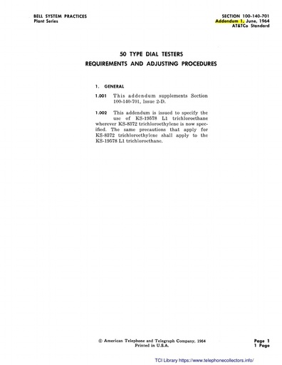 100-140-701 i2D Jan62 - 50 type Dial Testers Requirements, Adjusting Procedures