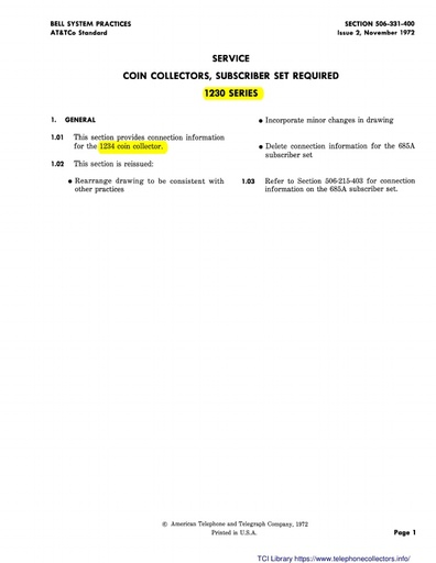 506-331-400 i2 Nov72 - Coin Collectors - Subset Required  -1230-series