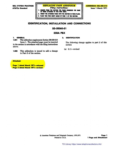 536-580-210 Add i1 Mar71 - 558A PBX - Ident Inst and Conn