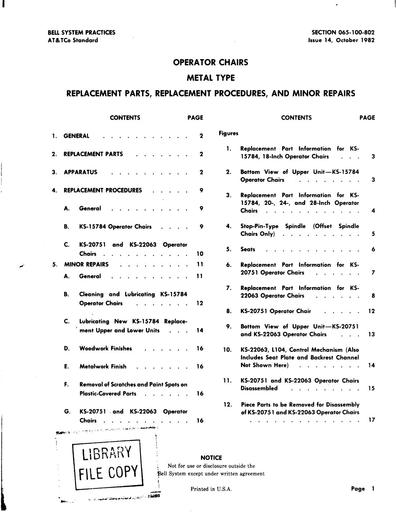 065-100-802 i14 Oct82 - OPERATOR CHAIRS METAL TYPE - REPLACEMENT PARTS Etc