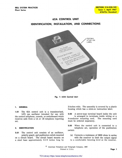 514-230-102 i1 Apr67 - 62A Control Unit - Id Inst Conn