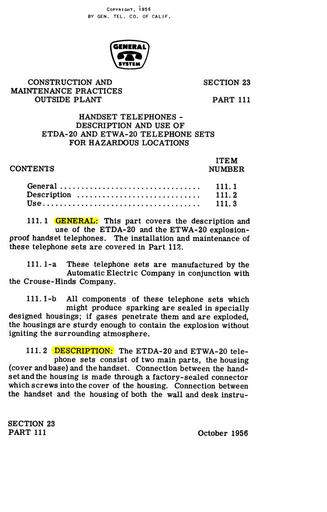 GSP Sect. 23~Part 111 Description A.E.~Crouse-Hinds Hazardous Tel Set ETDA-20~ETWA-20 S