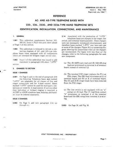 502-303-101 i8 Add i2 May83 - Trimline_AC AD Bases with 220 226 2220 2226 Hand Tel Sets