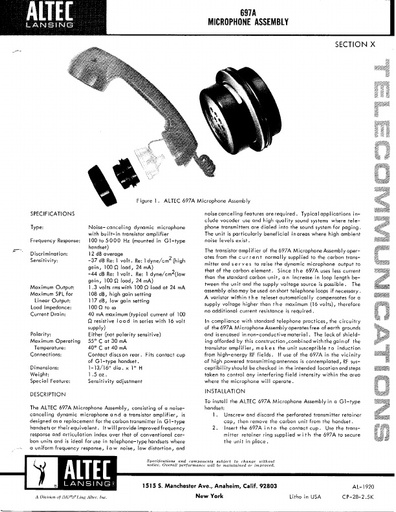 Altec Catalog X - 697A Handset Microphone & Price List June 1968