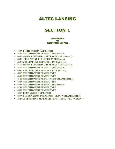Altec Catalog I - Amplifiers For TELEPHONE SERVICE