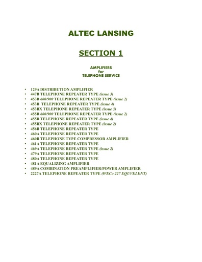 Altec Catalog I - Amplifiers For TELEPHONE SERVICE