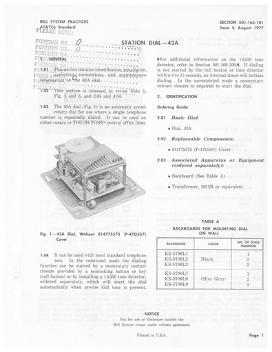501-165-101 i4 Aug77 - Dialer, 43A - Automatic Preset Rotary Tl